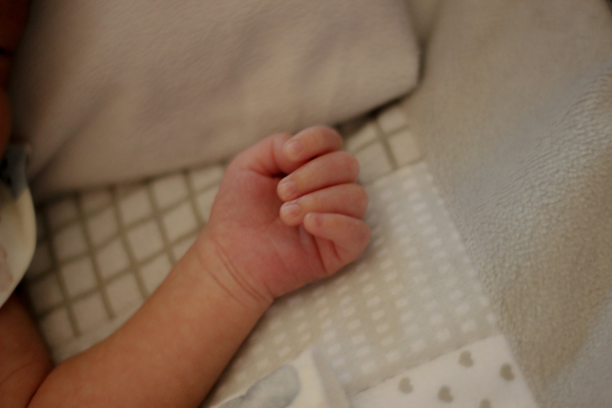 Close-up of a newborn baby hand resting on patterned fabric.