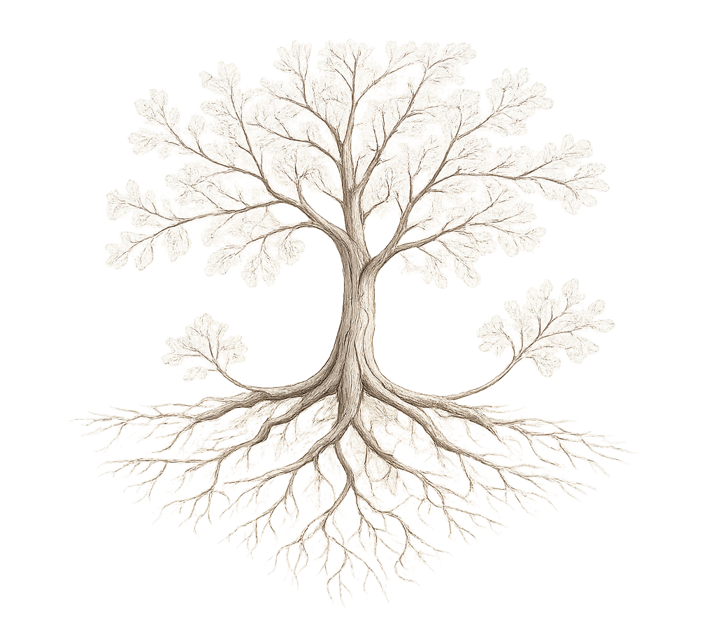 Tree illustrated with roots and branches, the roots and branches are white against a black background.
