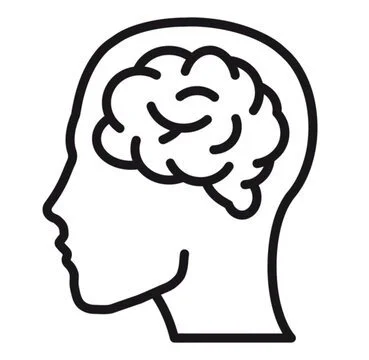 Line drawing of a human head in profile with a brain outline inside.
