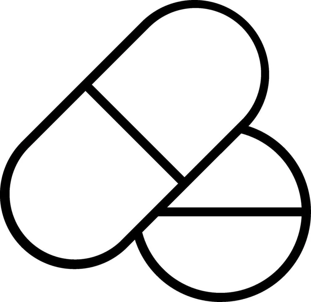 Black outline drawing of two pills, one capsule and one round tablet, overlapping.