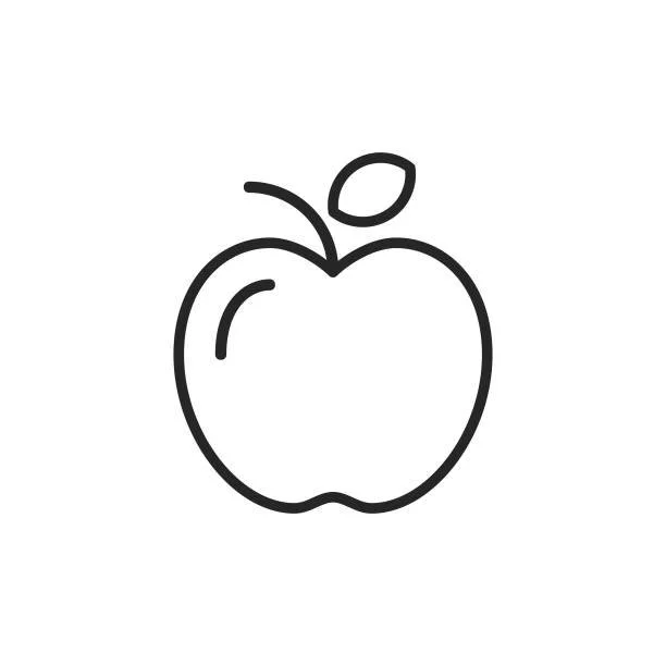 Line drawing of an apple with a leaf.