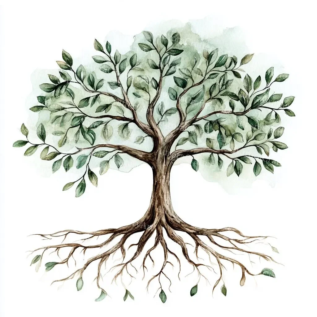 Watercolor illustration of a tree with green leaves and visible roots.