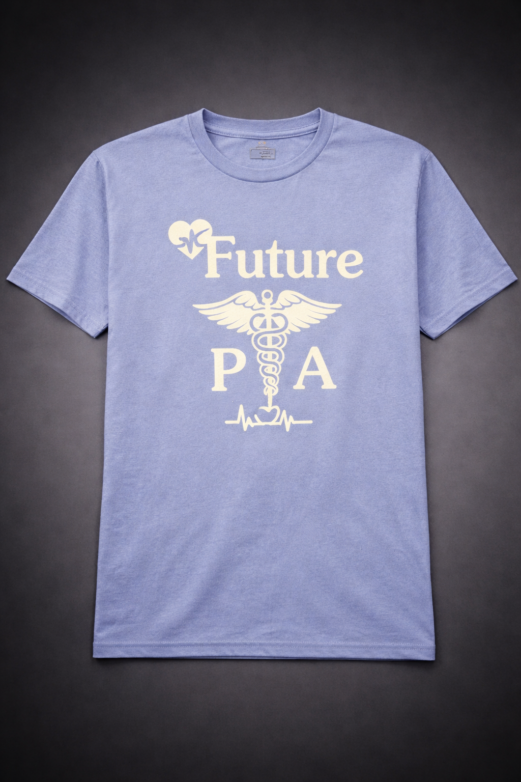 A blue T-shirt with medical-themed graphics and the words 'Future P A' printed on it in white.