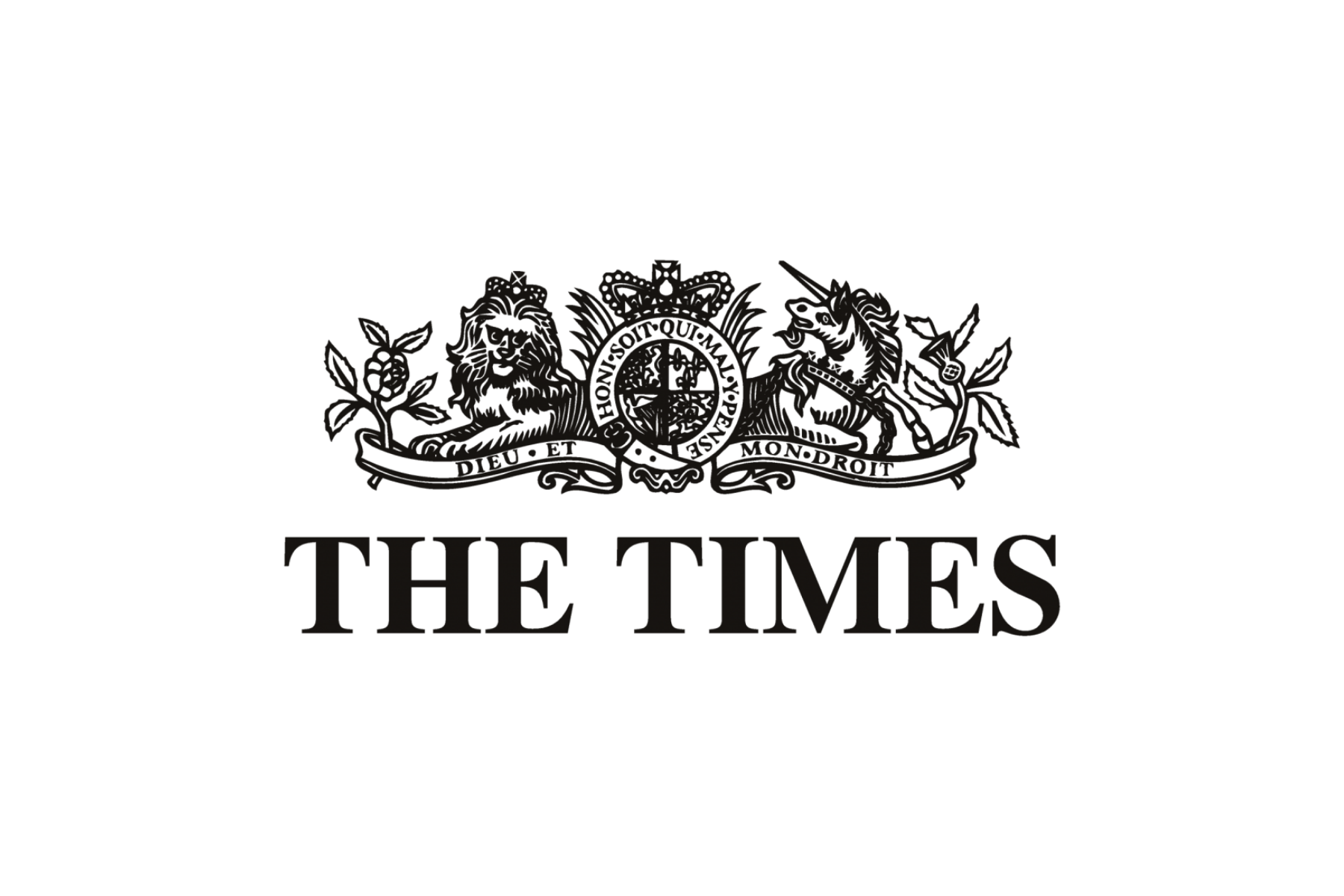 Black and white logo of The Times newspaper, featuring a crest with a lion and unicorn flanking a shield, and the slogan beneath.