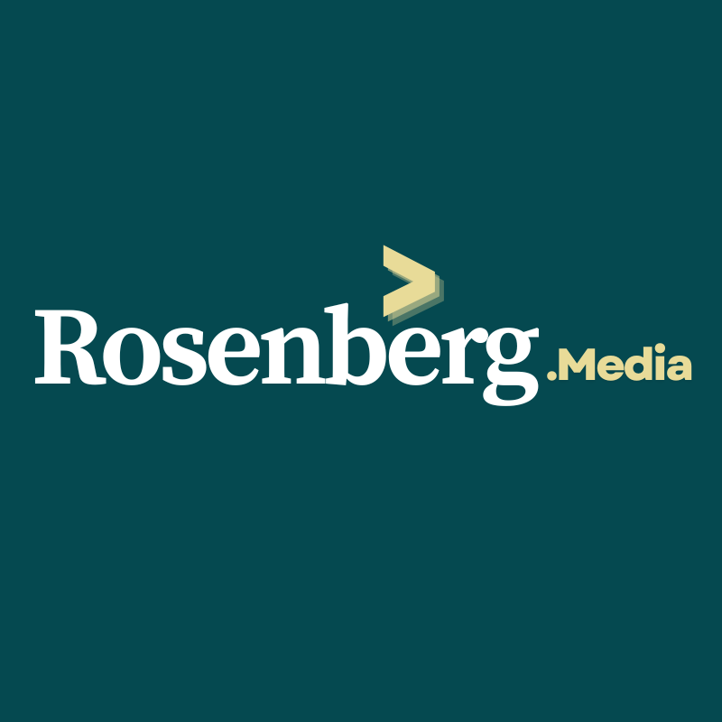 Rosenberg Media logo with a dark green background, white text for 'Rosenberg', gold text for '.Media', and a small gold arrow pointing to the right.