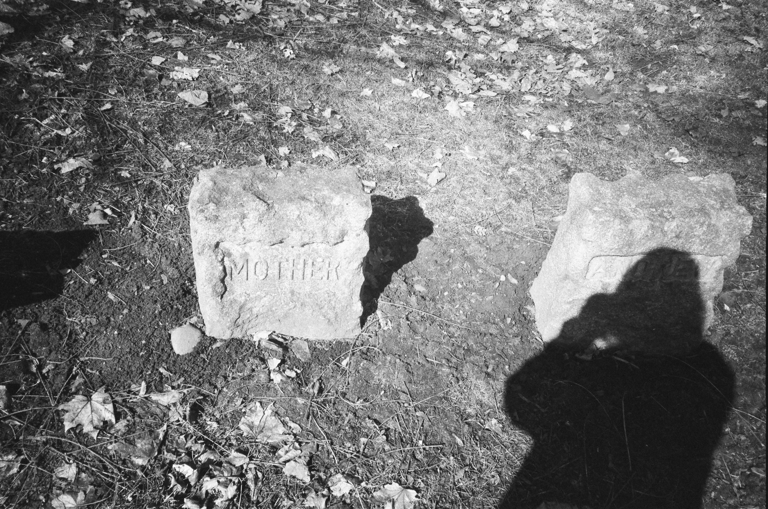 Two rocks on the ground, one with the word 'MOTHER' engraved on it, surrounded by dirt, leaves, and small plants. A person's shadow is visible on the ground. A grave in film. 