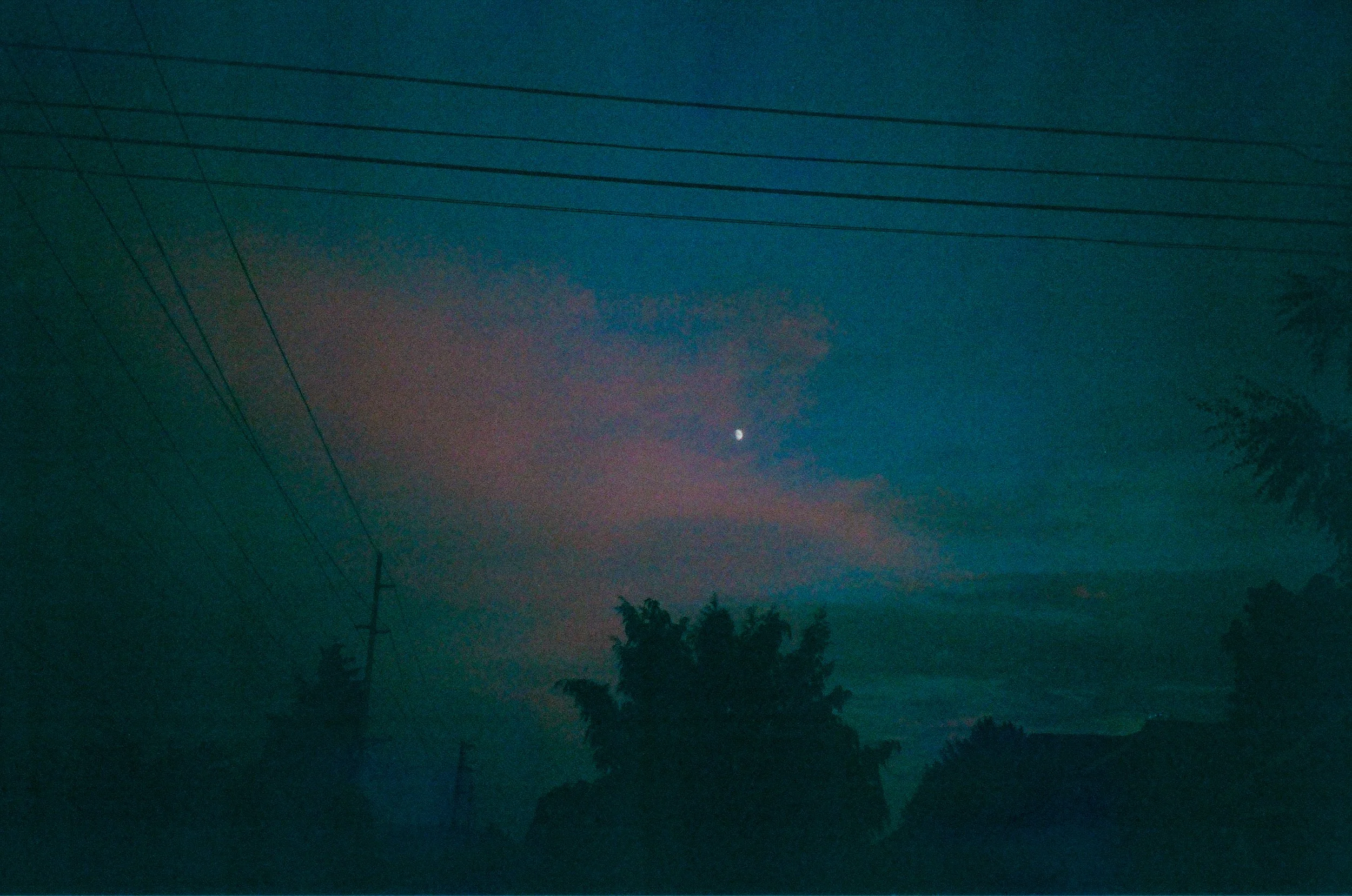 Nighttime scene with power lines, trees, and a visible moon in a cloudy sky. Film, Proctor, Tacoma Washington. 