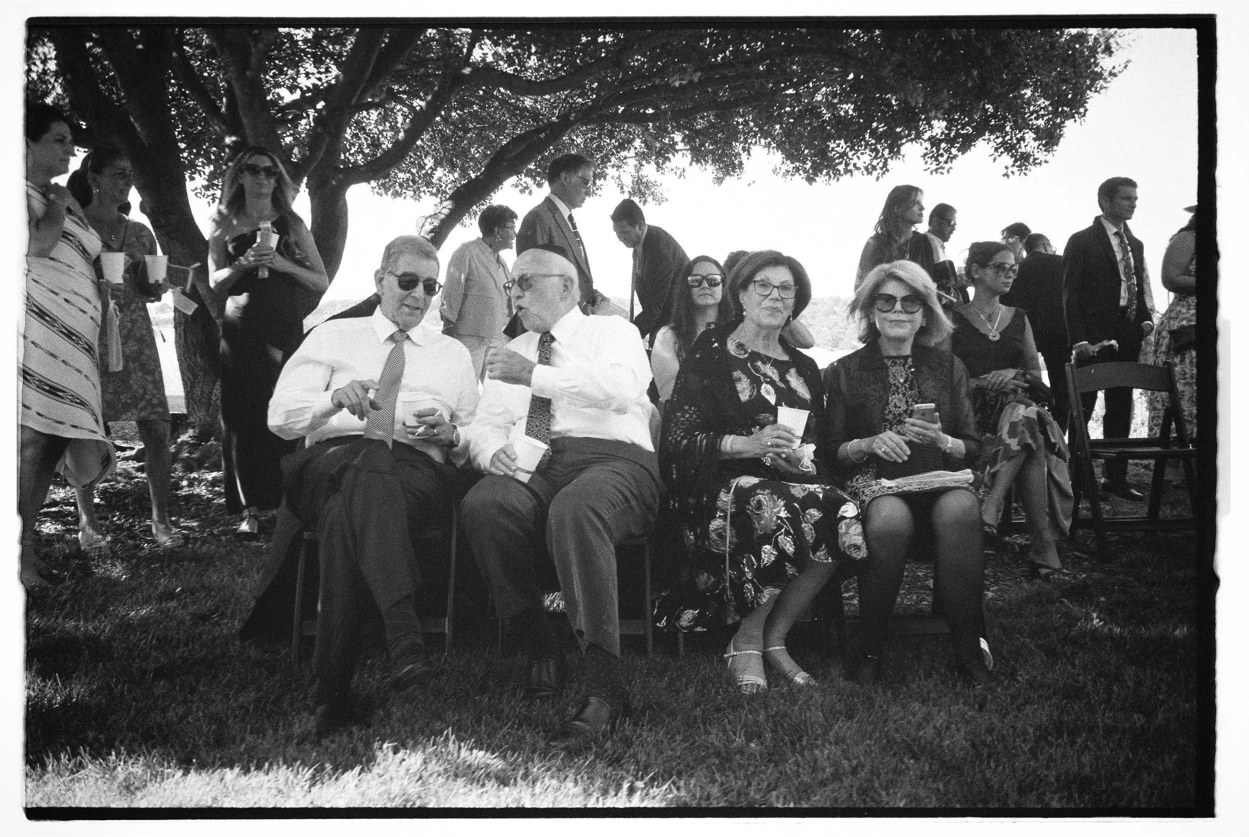 Group of elderly people sitting outdoors under trees, waiting for the wedding ceremony to start at Rams gate winery. Some using smartphones and holding drinks, others standing behind, dressed in formal attire, at a social gathering or event.