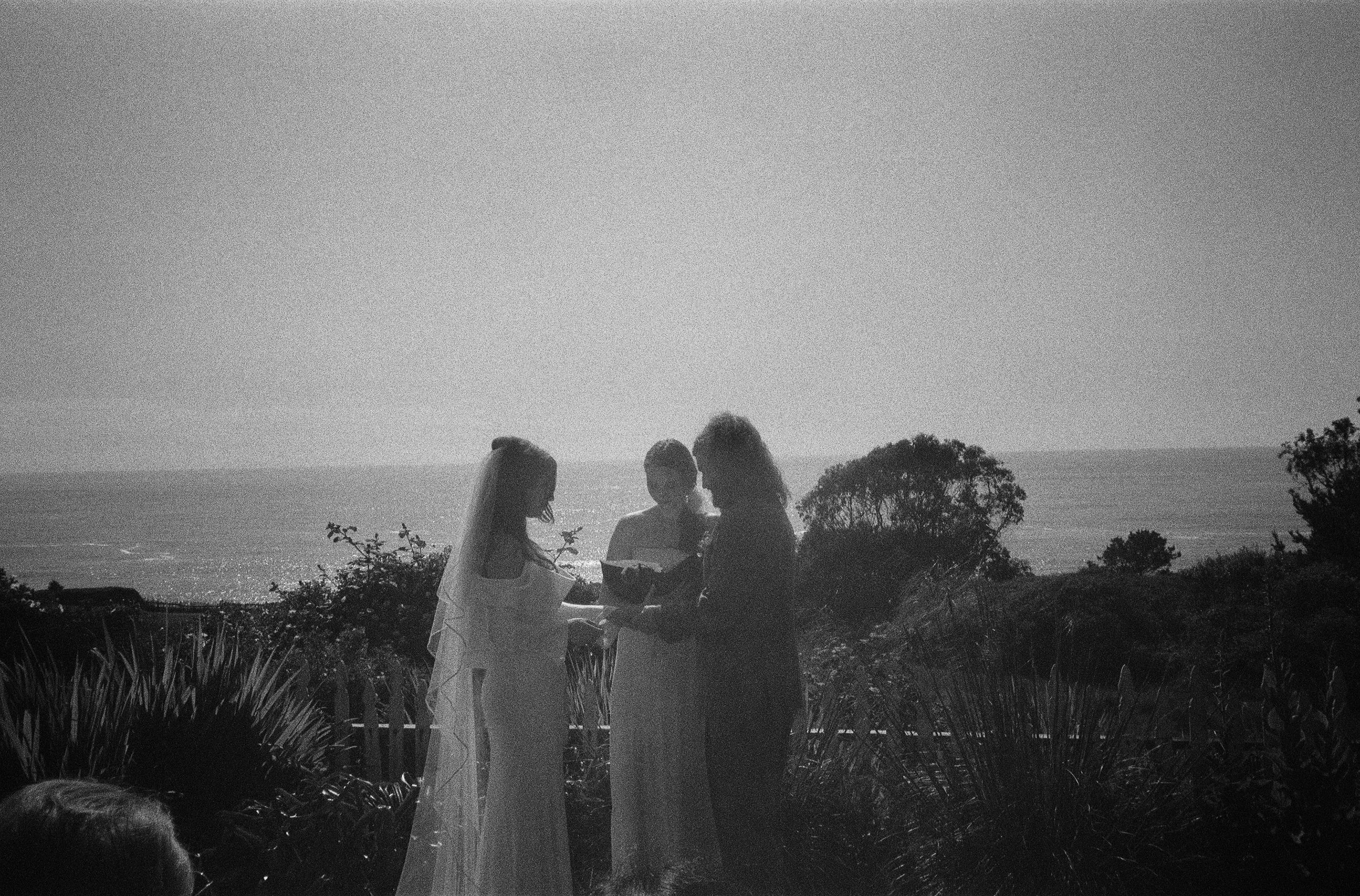 A black and white photo of a wedding ceremony outdoors with the ocean in the background. A bride and groom are standing together, with the officiant reading from a book or script. There are trees and bushes around them, and the setting sun creates a 