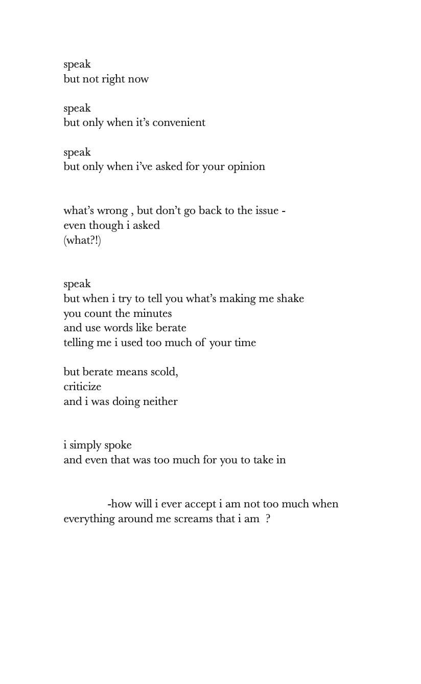 Poem with lines beginning with 'speak' and expressing feelings of being misunderstood and overwhelmed.