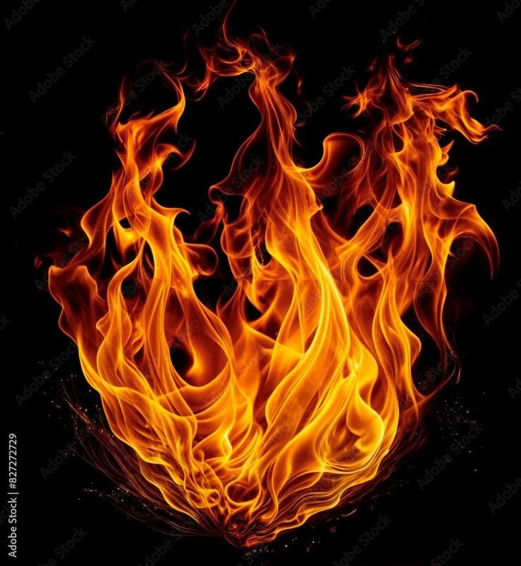 Flames rising from a black background. The fire is shaped like a heart.
