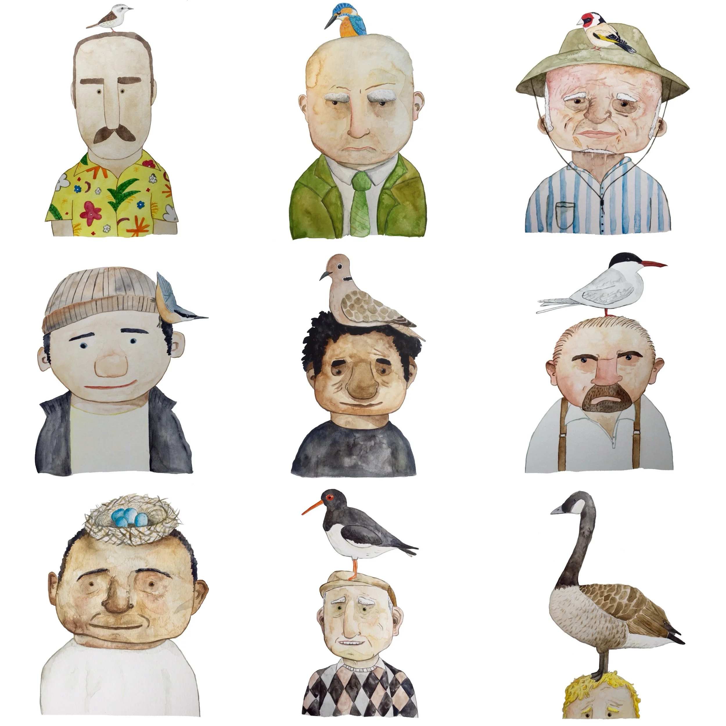 Watercolor illustrations of nine men with birds either perched on their heads or nearby. The men have varied facial expressions and attire, including a man in a yellow floral shirt, a man in a green jacket and tie, a man with a hat and striped shirt, a boy with a bird on his head, a man with a bird on his hair, an older man with a mustache, a man with a nest on his head with three eggs, a man with a bird on his head, and a person with a goose standing beside them.