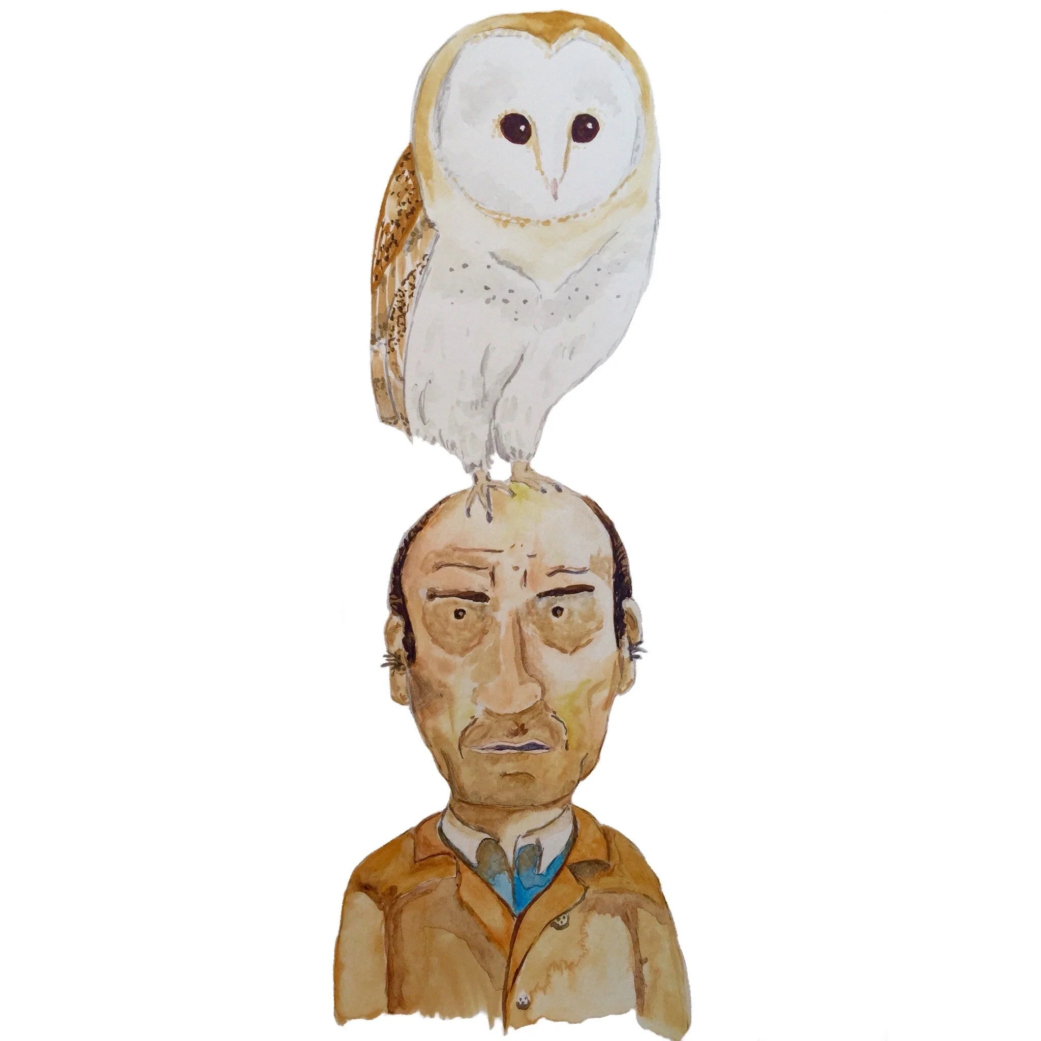 A watercolor illustration of a man with an owl perched on his head.