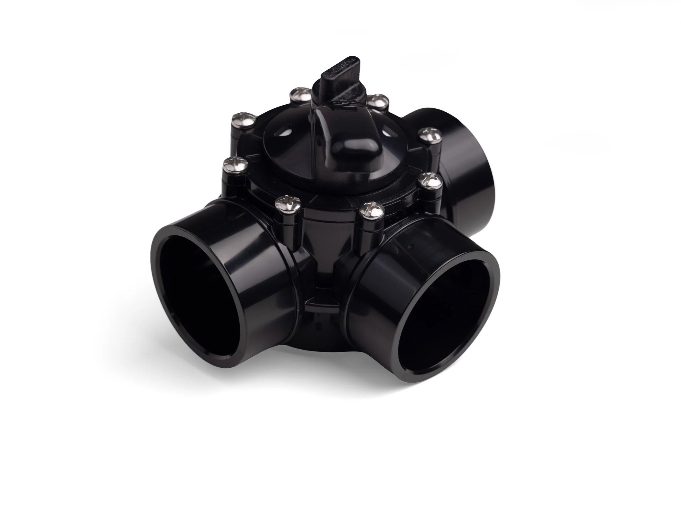 A black plastic valve with multiple pipe openings and a lever handle on top.