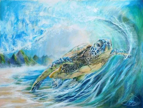 A painted scene of a sea turtle surfacing through ocean waves near a sandy shoreline with mountains in the background.
