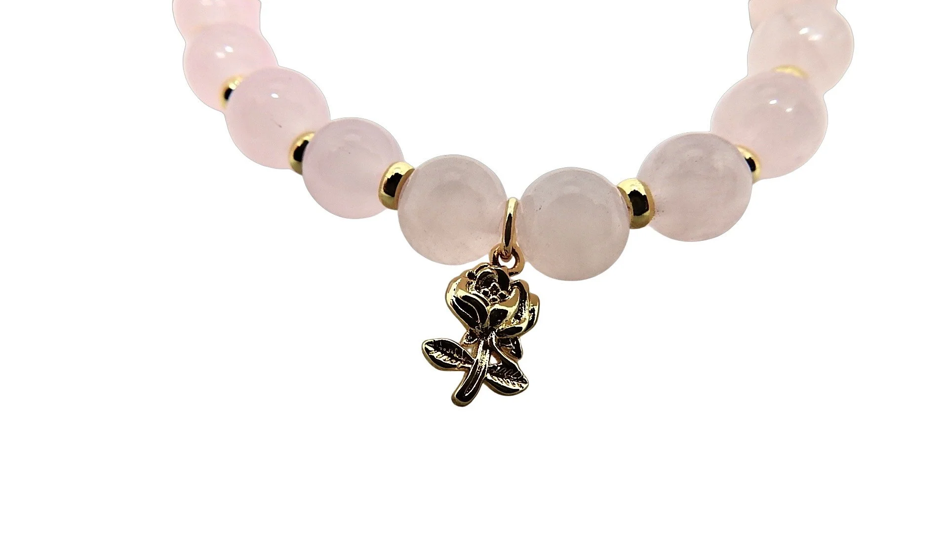 Close-up of a pink beaded necklace with a gold rose pendant hanging from it.