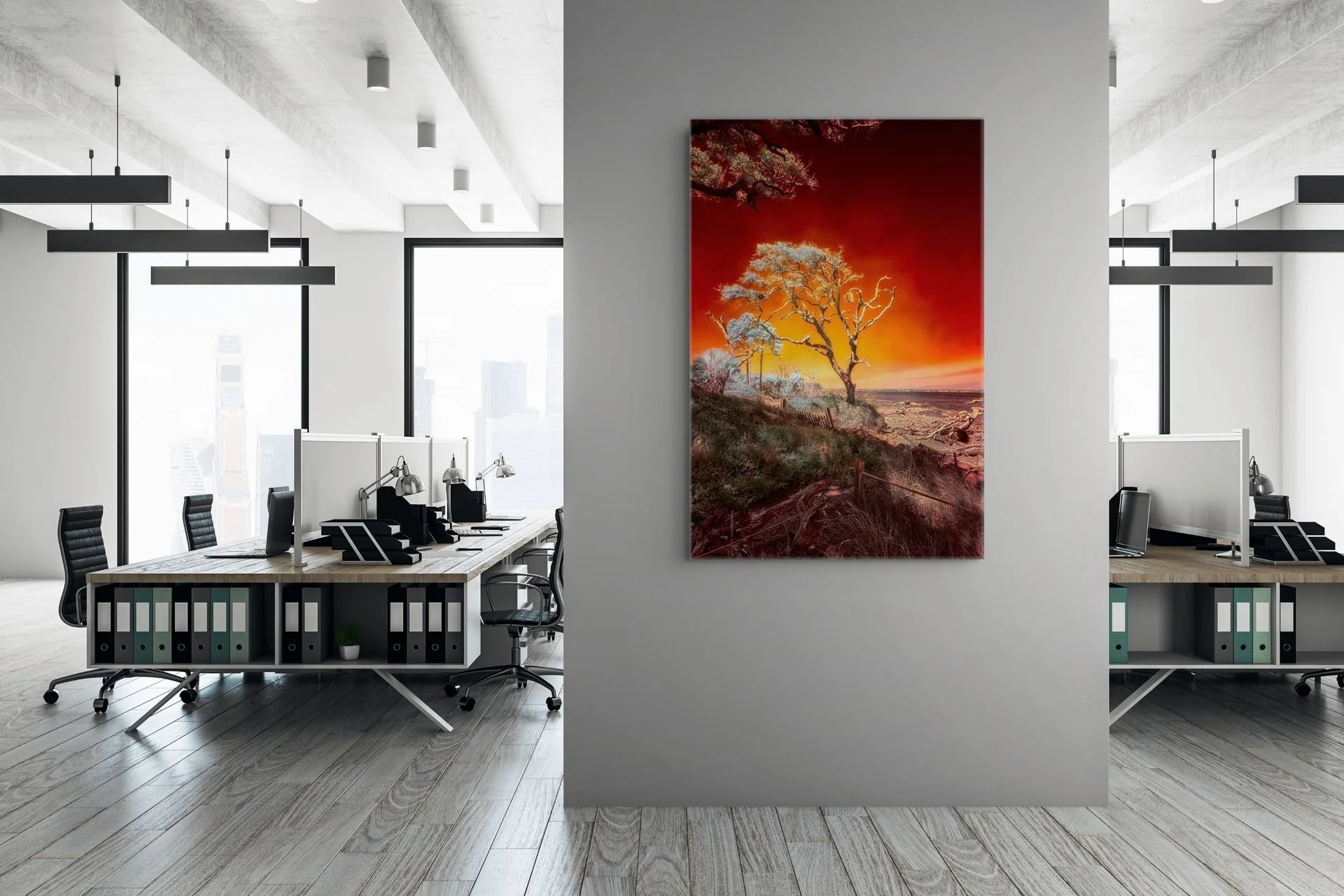 Ruby Bonsai — color infrared photo print of a twisted driftwood tree with vivid red foliage on Driftwood Beach, Jekyll Island, Georgia