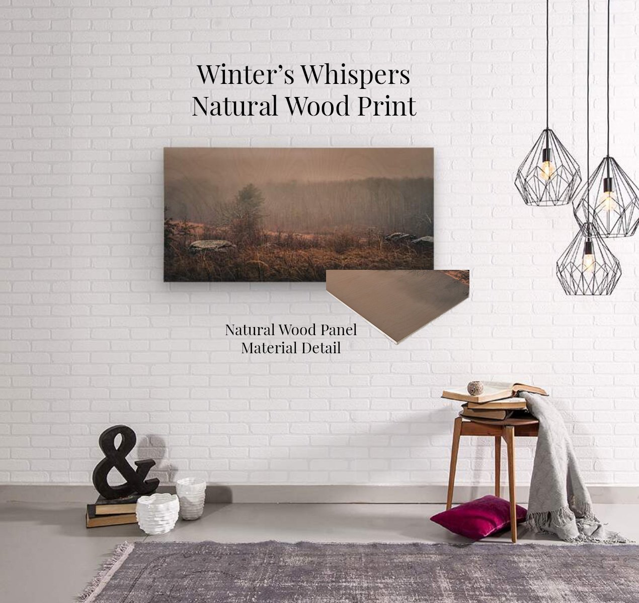 Winter’s Whispers atmospheric landscape photograph displayed on a natural wood panel, showing a small evergreen surrounded by misty winter fields, rocks, and a distant wooded hillside.