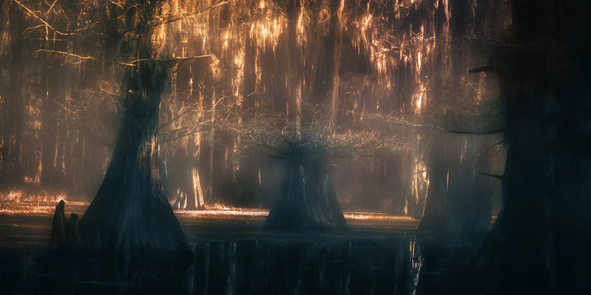 Photo of an ancient cypress swamp with hanging Spanish moss and warm golden light glowing through mist above dark water.