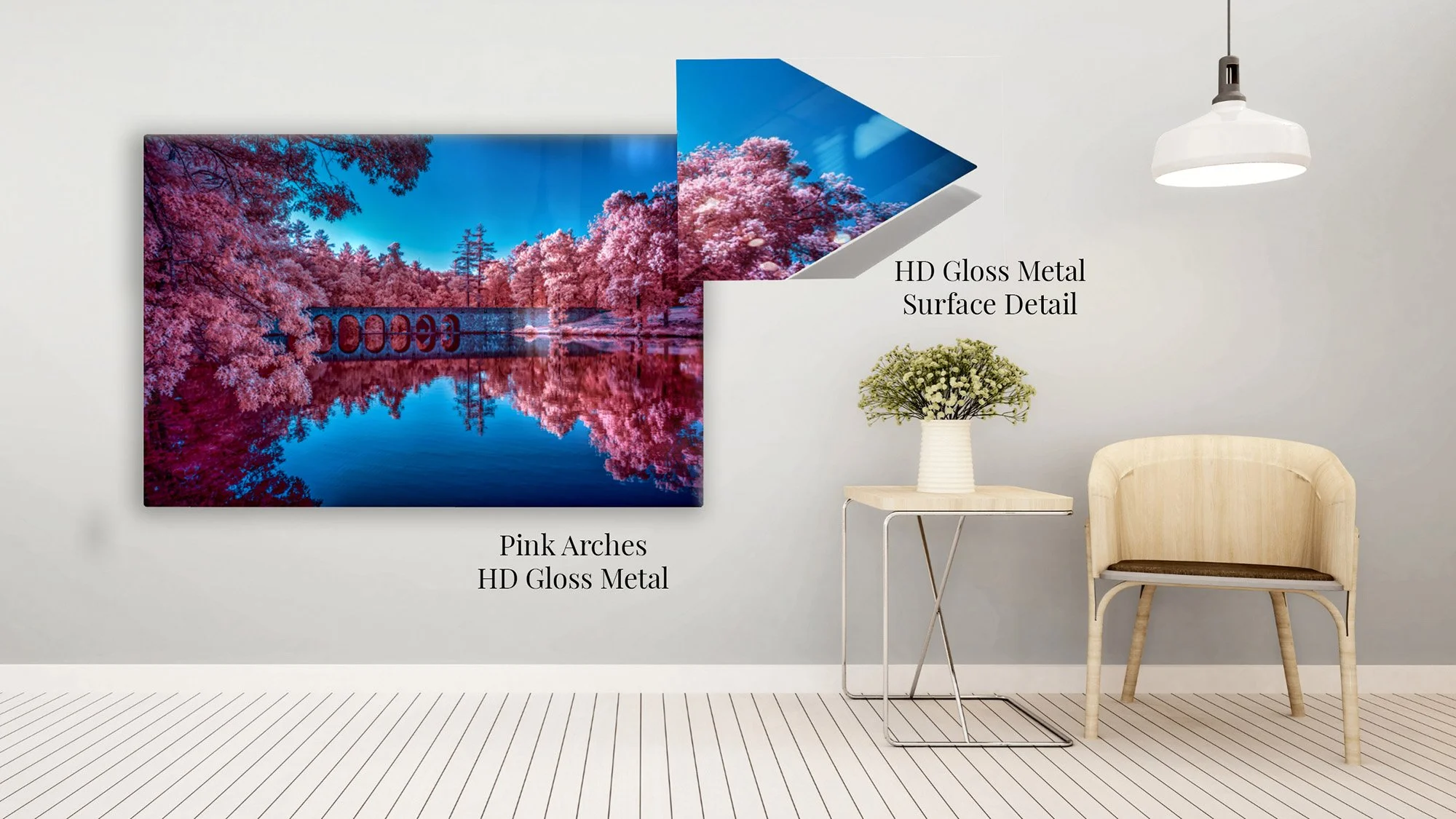 Pink Arches infrared landscape photograph on HD Gloss Metal, featuring vivid pink trees and a stone arched bridge reflected in still blue water.