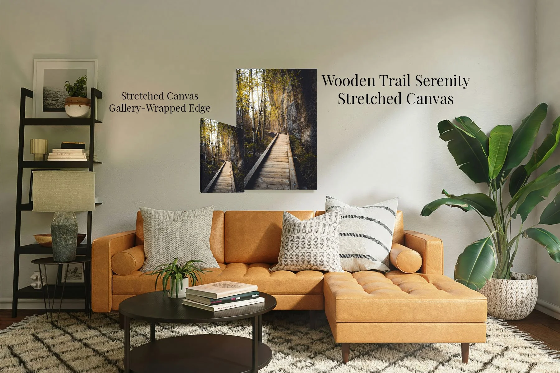 Wooden Trail Serenity landscape photograph displayed on stretched canvas, showing a wooden boardwalk winding through sunlit autumn trees beside a rocky cliff at Sylvan Lake.