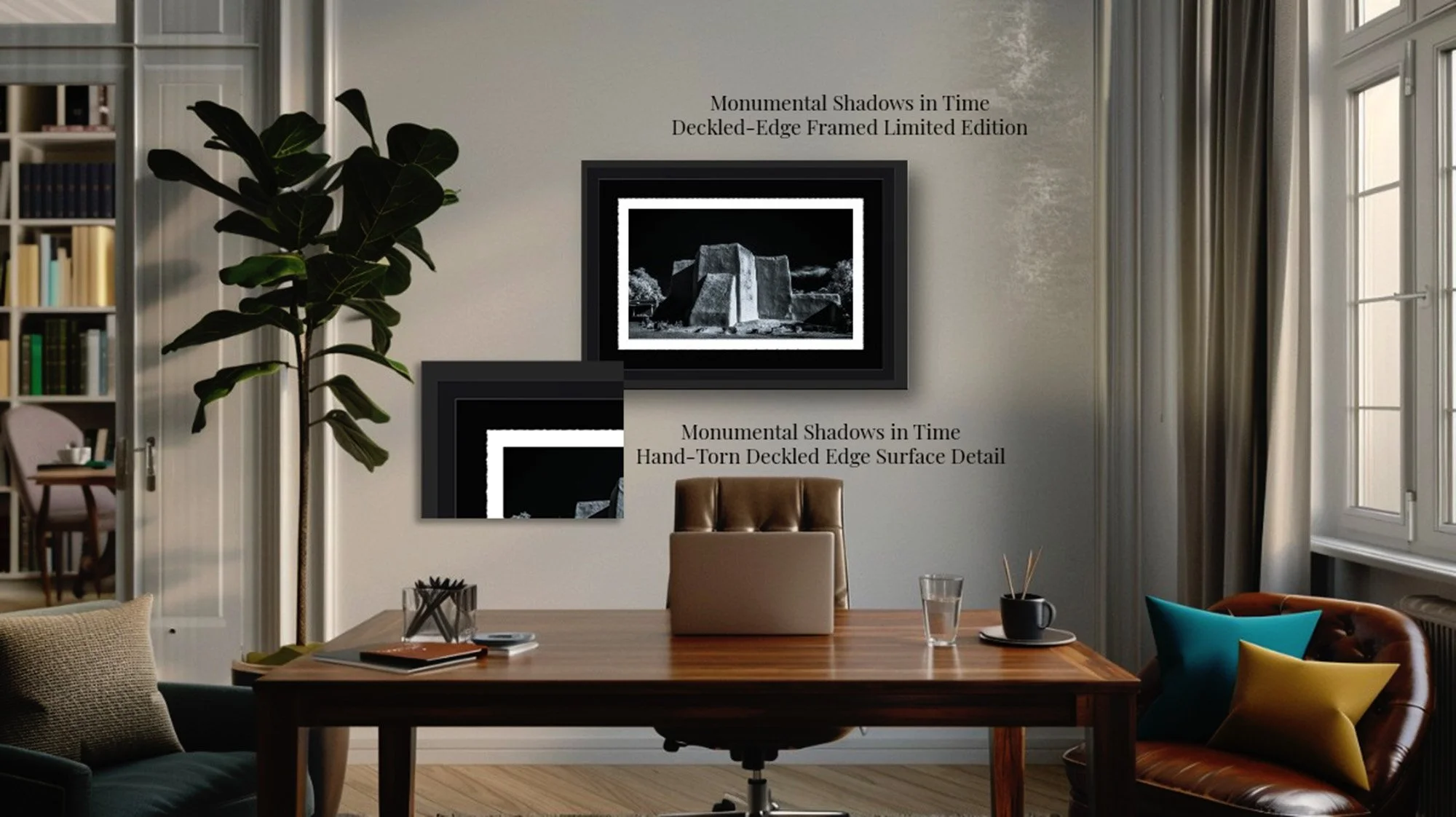 Monumental Shadows in Time black-and-white infrared photograph of the San Francisco de Asís Mission Church, presented as a hand-torn deckled-edge fine art print floated within a black mat and frame.