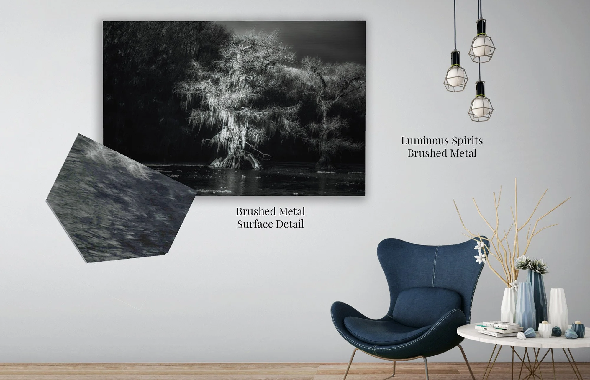 Luminous Spirits black-and-white infrared photograph on Brushed Metal, featuring a glowing cypress tree reflected in dark water with silver aluminum showing through the lightest branches.