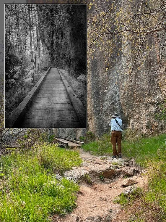 A person in a white shirt and brown pants standing on a dirt trail surrounded by green grass and bushes, with rocky cliffs on one side. An inset black and white photo shows a wooden footbridge in a dense forest.