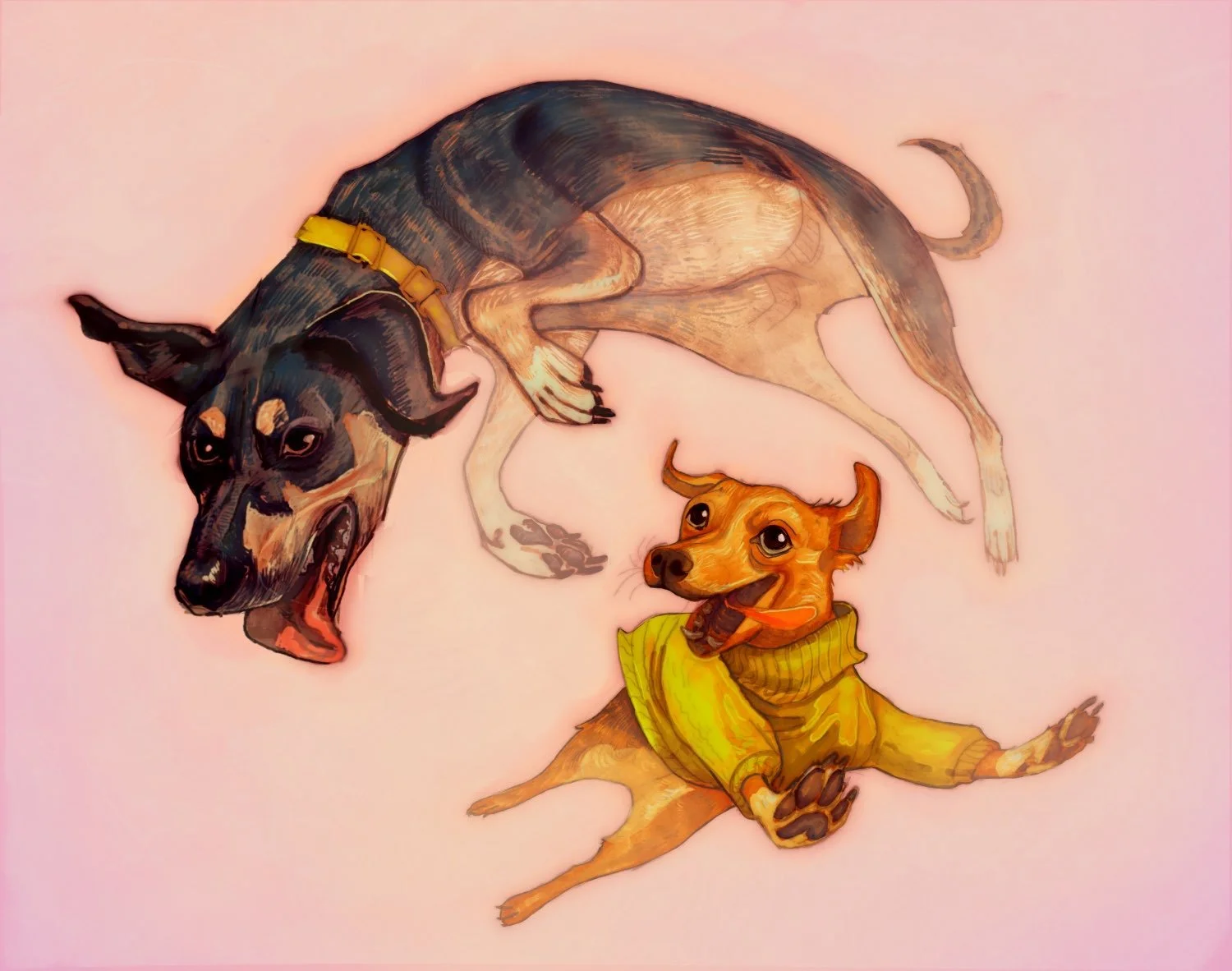 Drawing of two dogs, one large and one small, with expressive faces, lying and sitting on a light background. The larger dog has a black and tan coat with a yellow collar, and the smaller dog has a brown coat and is wearing a yellow sweater.