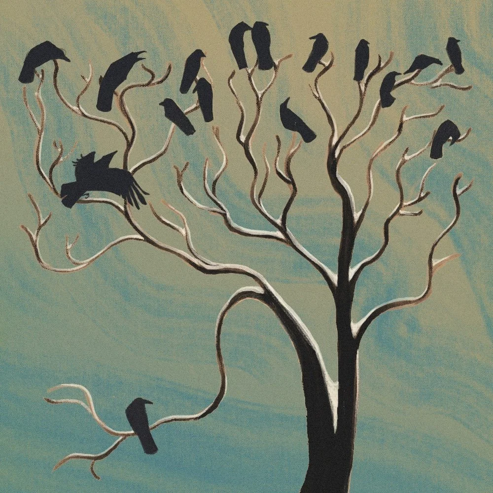 A painted tree with black ravens perched on its branches and some flying, set against a light-colored sky background.