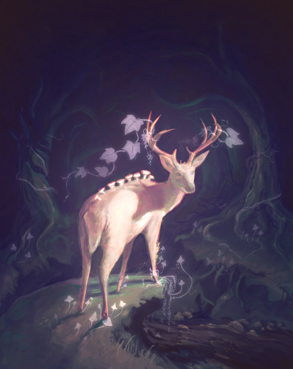 A mystical deer with glowing antlers and a luminescent body stands in a dark, enchanted forest surrounded by faintly glowing foliage and mushrooms.