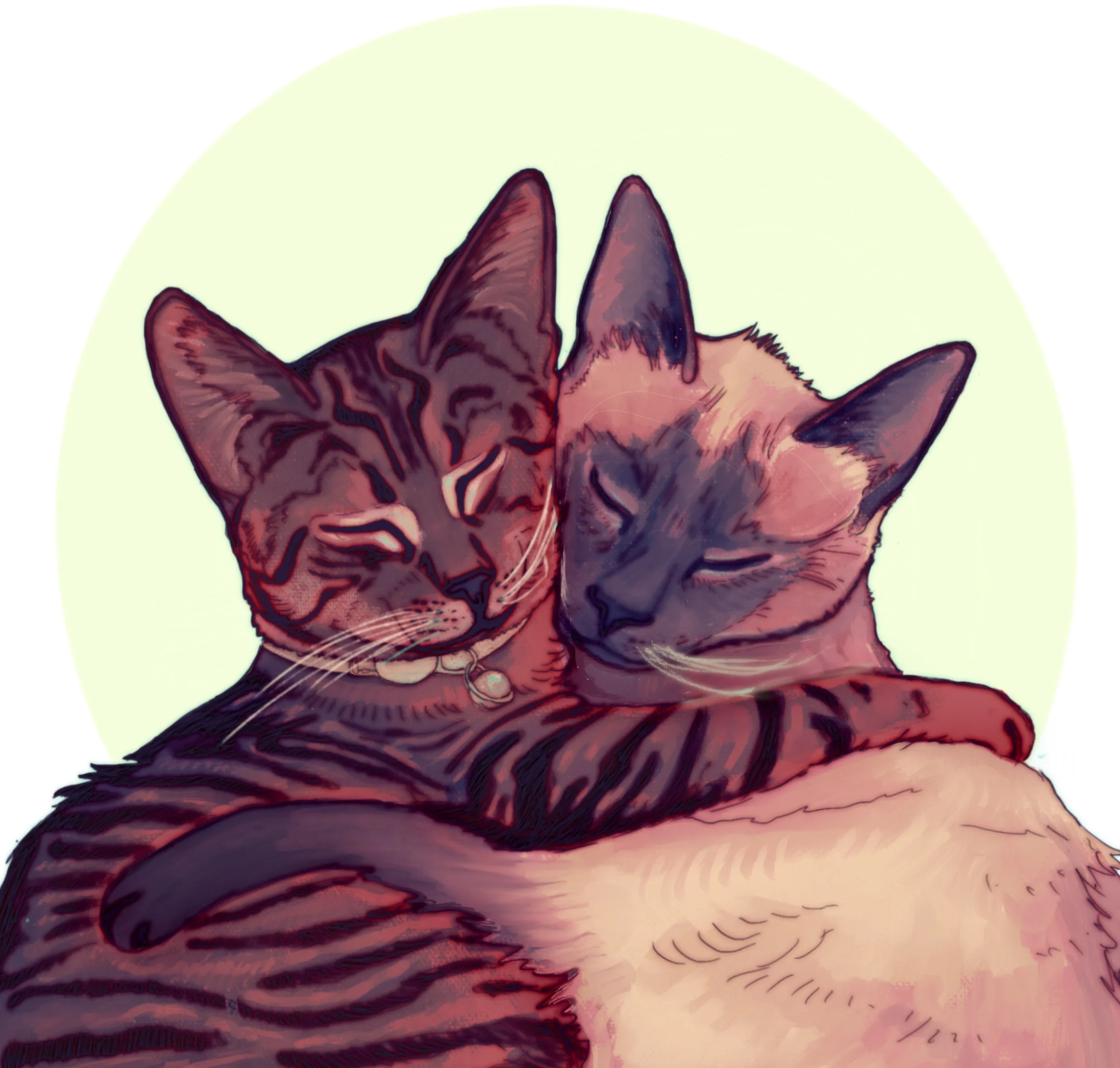 Digital illustration of two cats cuddling with eyes closed, one tabby with a bell collar and the other a Siamese with a light coat, hugging each other.