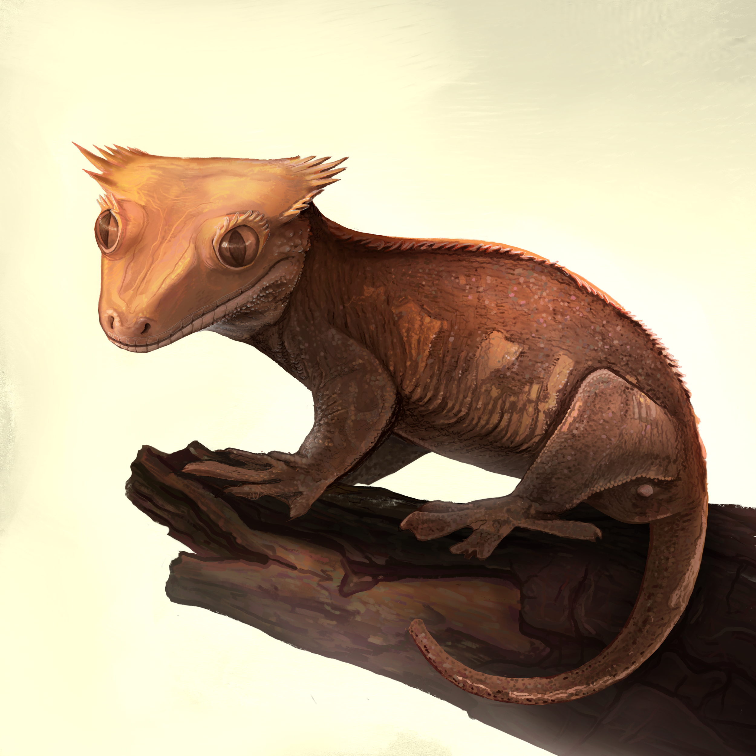 A digitally illustrated creature with the body of a lizard and a face resembling an owl, perched on a piece of wood against a light background.