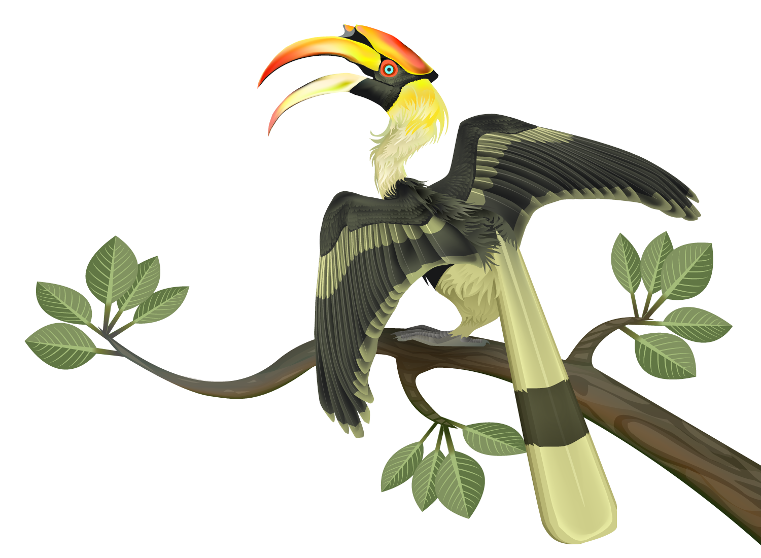 A digital illustration of a toucan perched on a tree branch with green leaves, with its head turned to the left and wings partially spread.