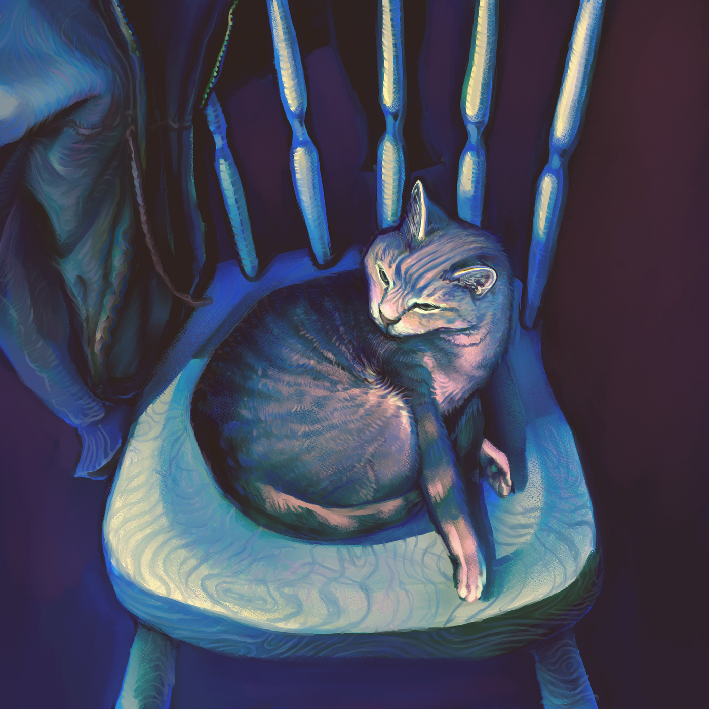 A cat lying on a cushioned chair with a decorative backrest, with neon lighting giving it a colorful glow.