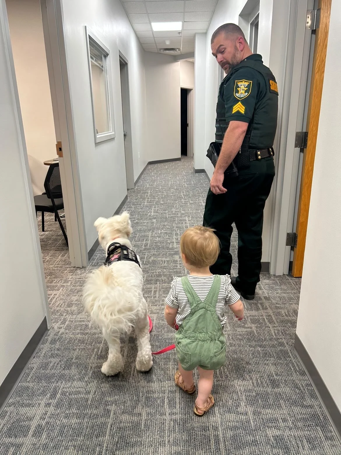 A young child with blonde hair, wearing green overalls and sandals, walks with a white dog on a leash down a hallway. A sheriff's deputy stands nearby, looking at the child and dog, in an indoor setting with gray carpet and white walls.