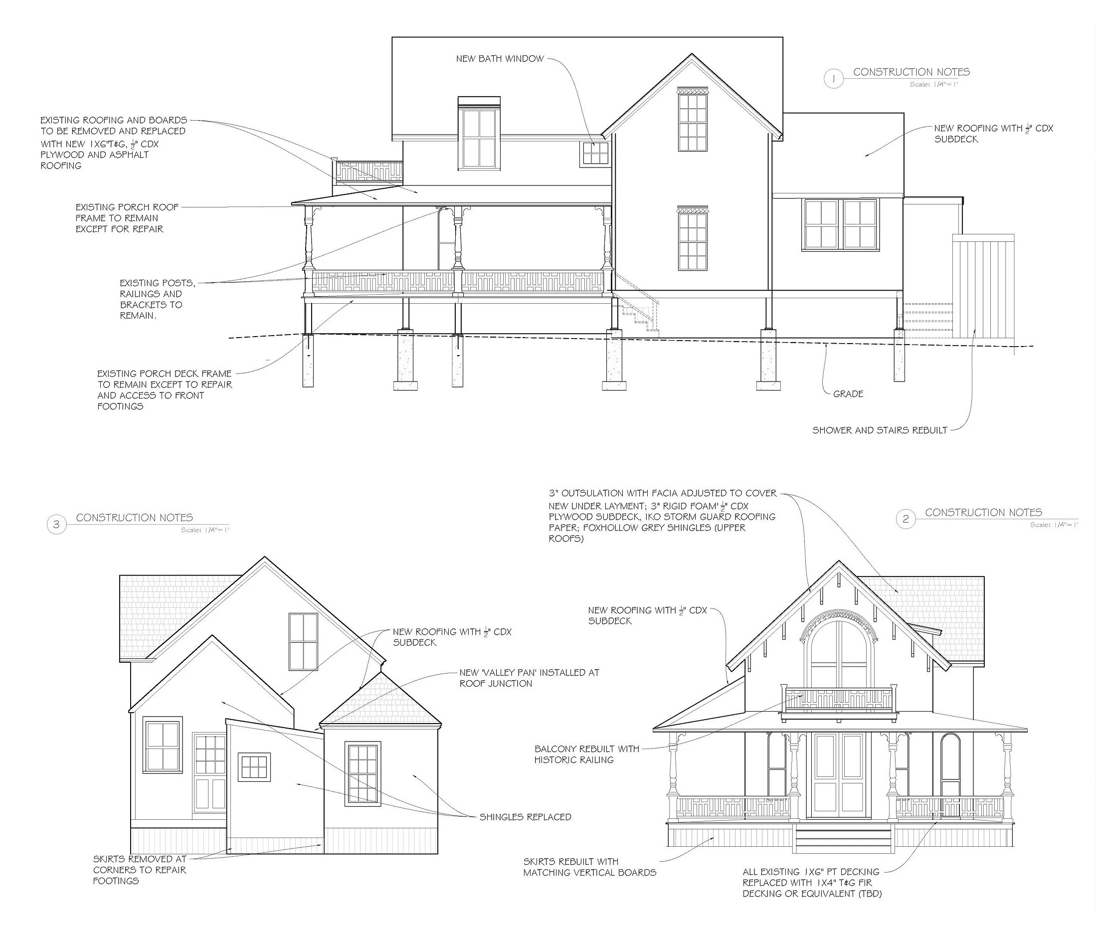 Blueprint architectural drawings of a house showing exterior elevations with descriptions of roof and porch repairs, new roofing, and construction notes.