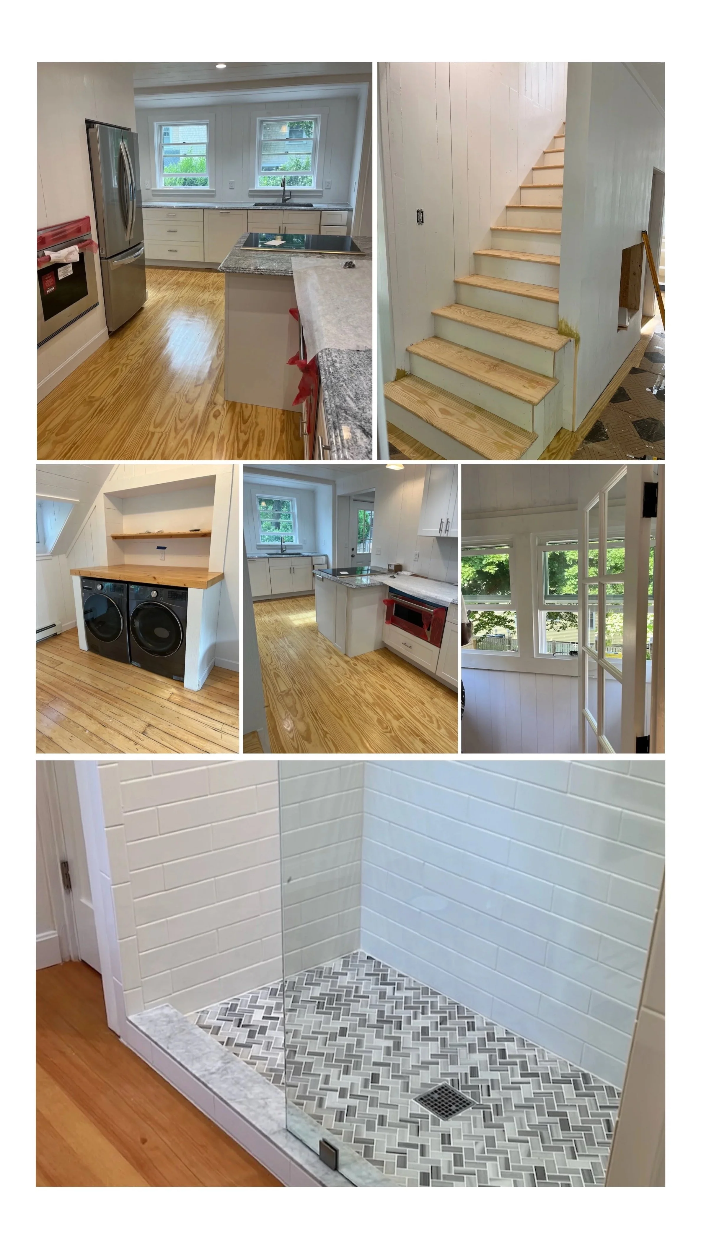 Photos of a house interior showing a kitchen with wooden floors, white cabinets, granite countertops, and large windows; a staircase with wooden steps and white walls; laundry area with washer and dryer, wooden countertop, and white shelves; an enclo