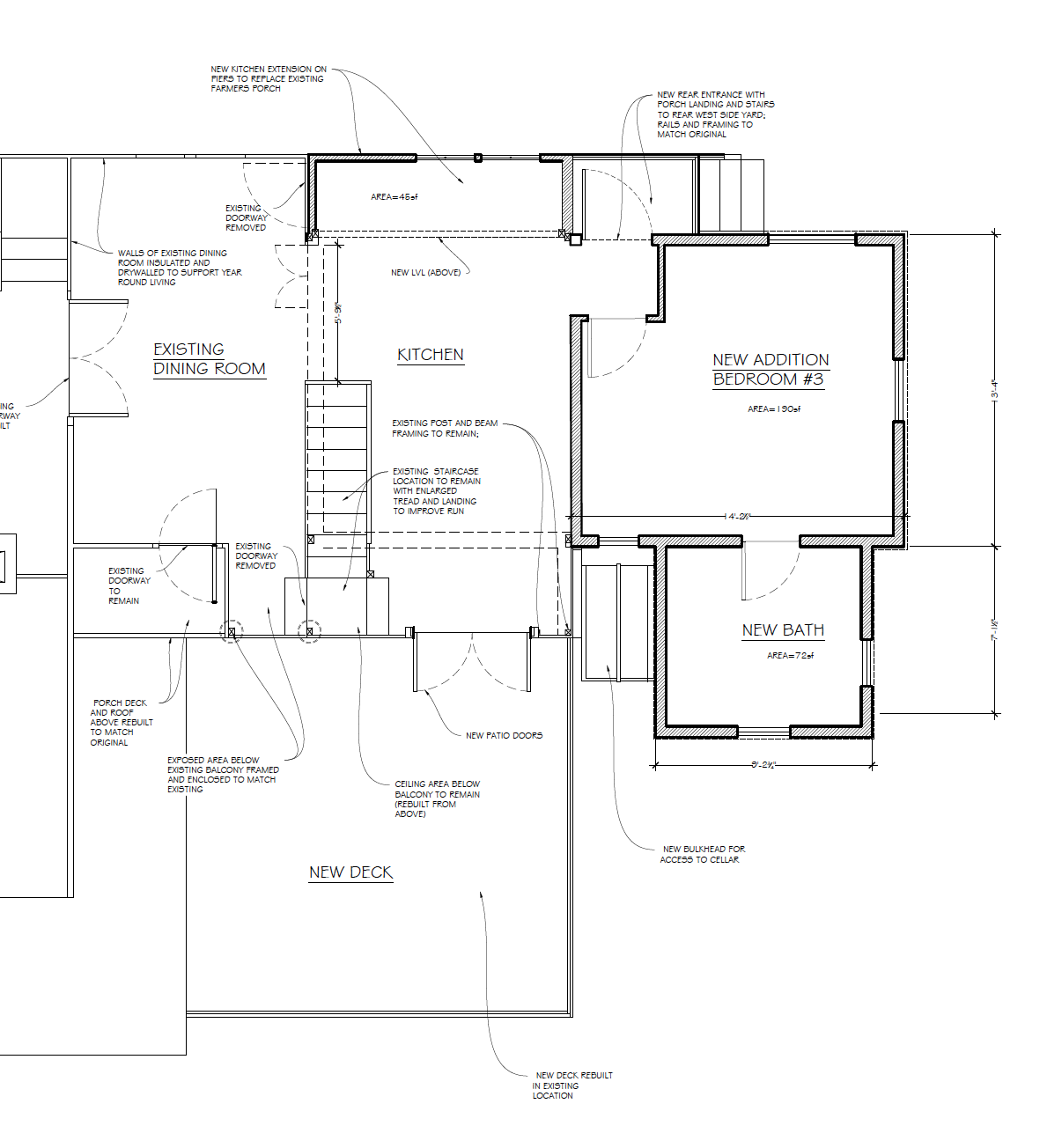 Architectural floor plan of a house renovation, including a kitchen, new bedroom, new bathroom, deck, and porch with detailed measurements and construction notes.