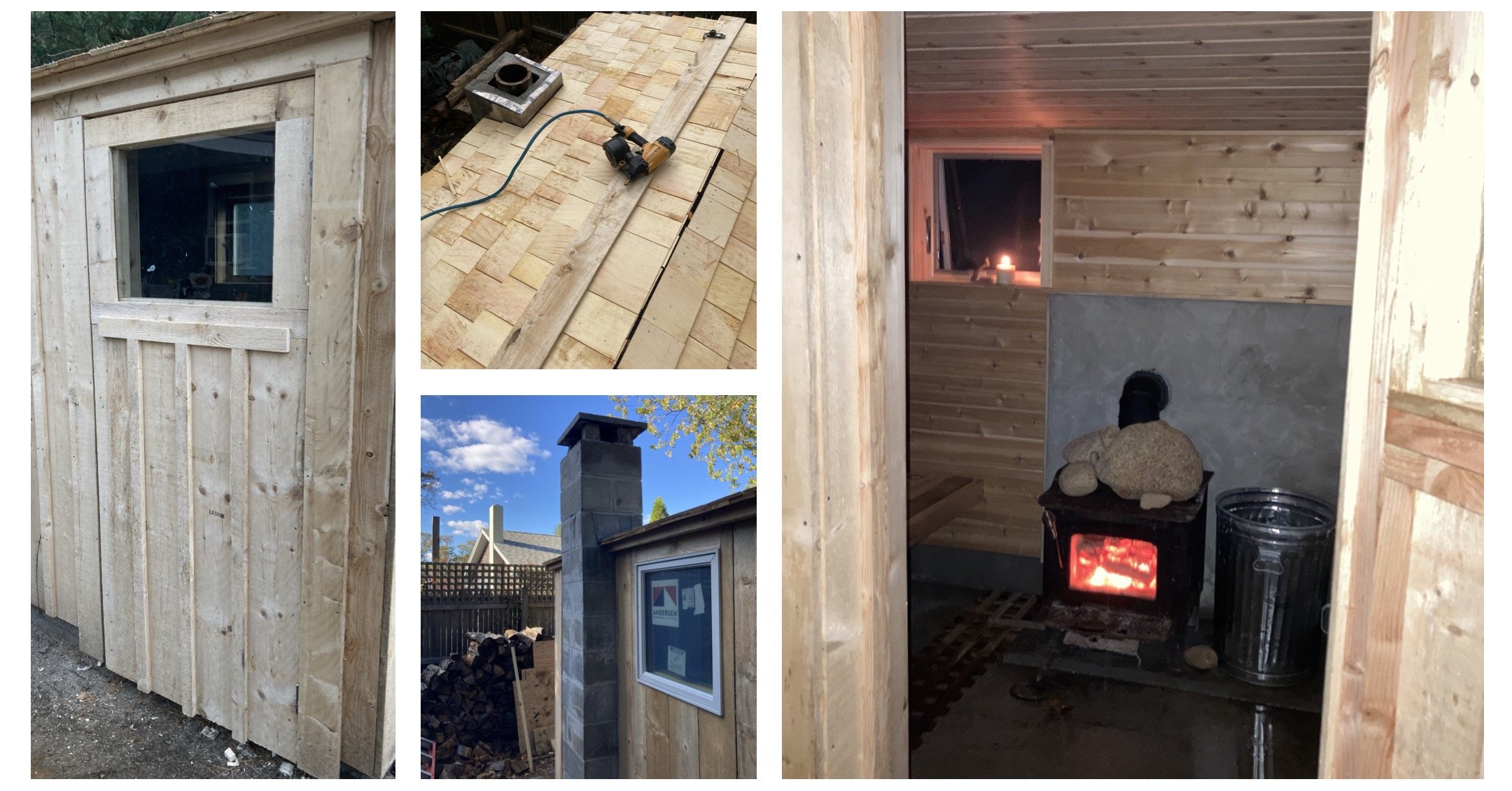 Series of photos showing construction of a small wooden structure. The images include framing and siding work, a roof installation with wooden shingles, a chimney, and interior wood paneling. One photo shows a wood stove with a fire burning inside.