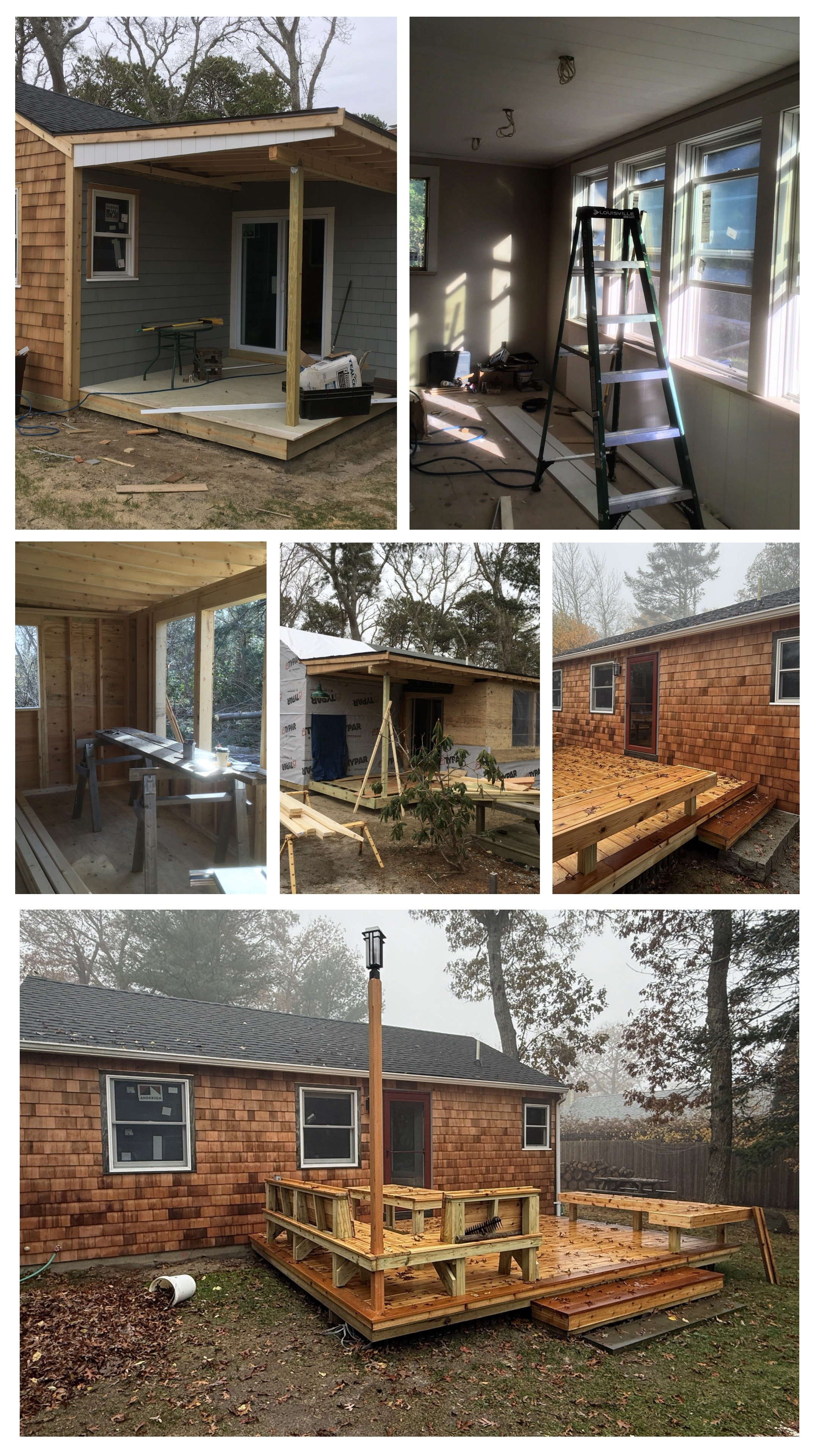 A collage of images showing the construction process of a new outdoor deck attached to a house. The photos depict various stages including framing, interior work, and the finished deck with stairs and a post light.