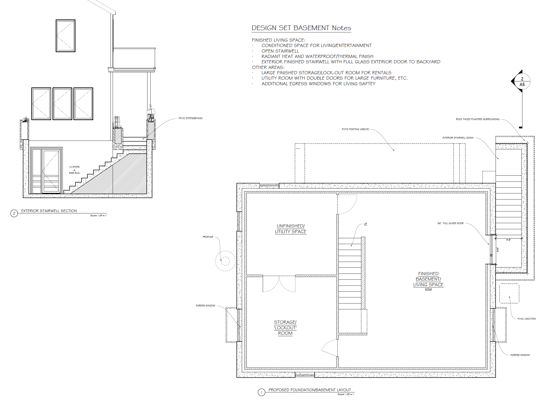 Architectural blueprint of a basement layout showing finished living space, unfinished utility space, storage room, stairs, and exterior features like stairwell sections, doors, windows, and external stairs.