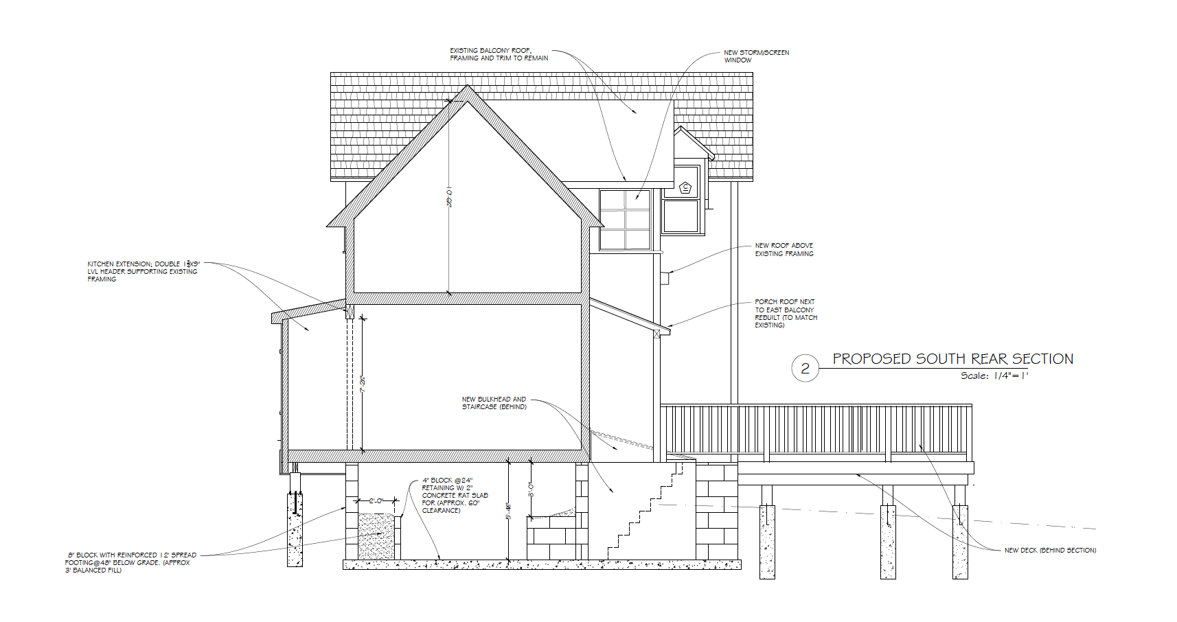 Architectural drawing of the proposed south rear section of a house, showing modifications including new roof, balcony, porch, and foundation details.