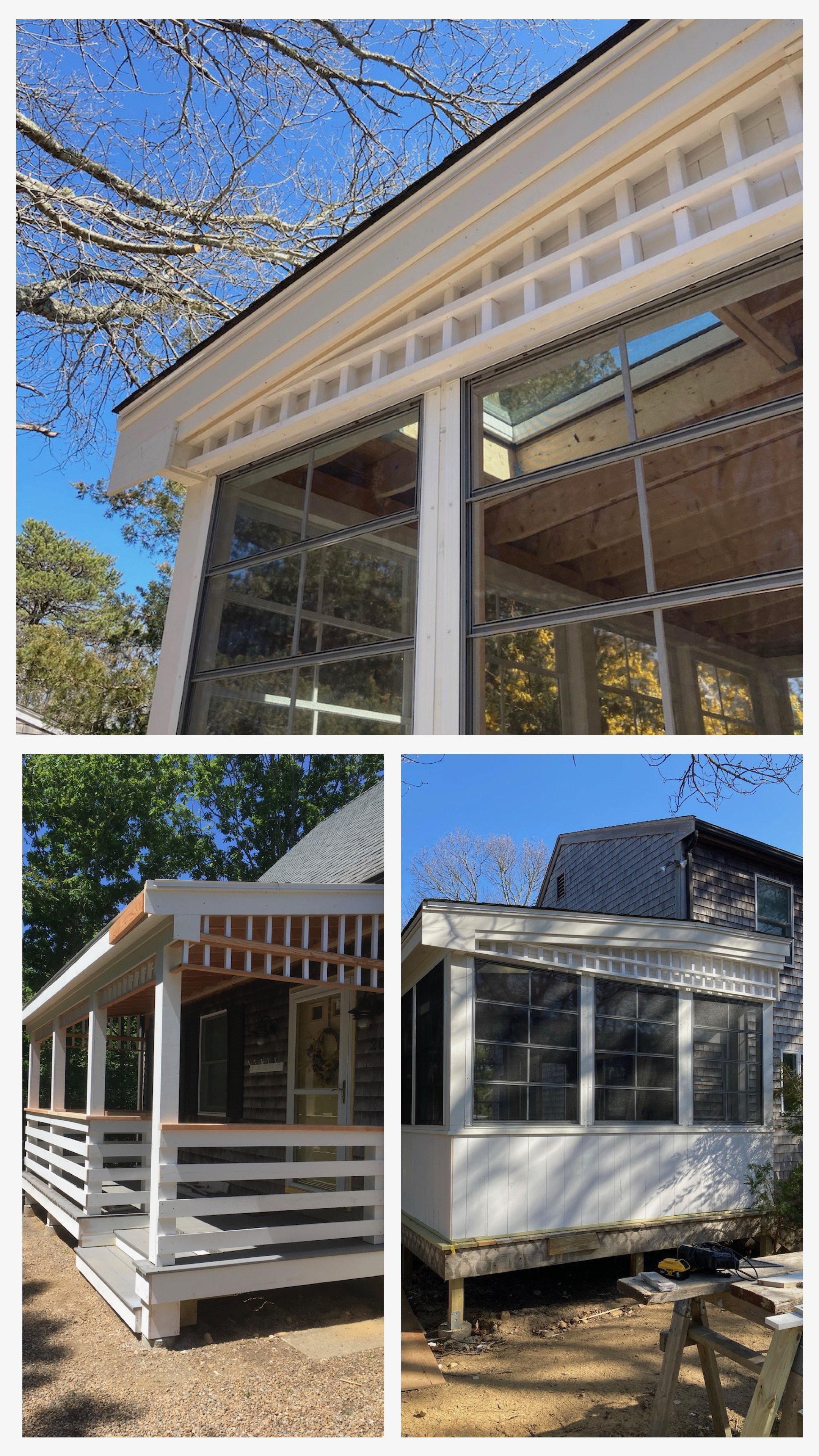 Three images of house porches and extensions under construction, featuring windows, porches, and framing details, with trees and blue sky in the background.