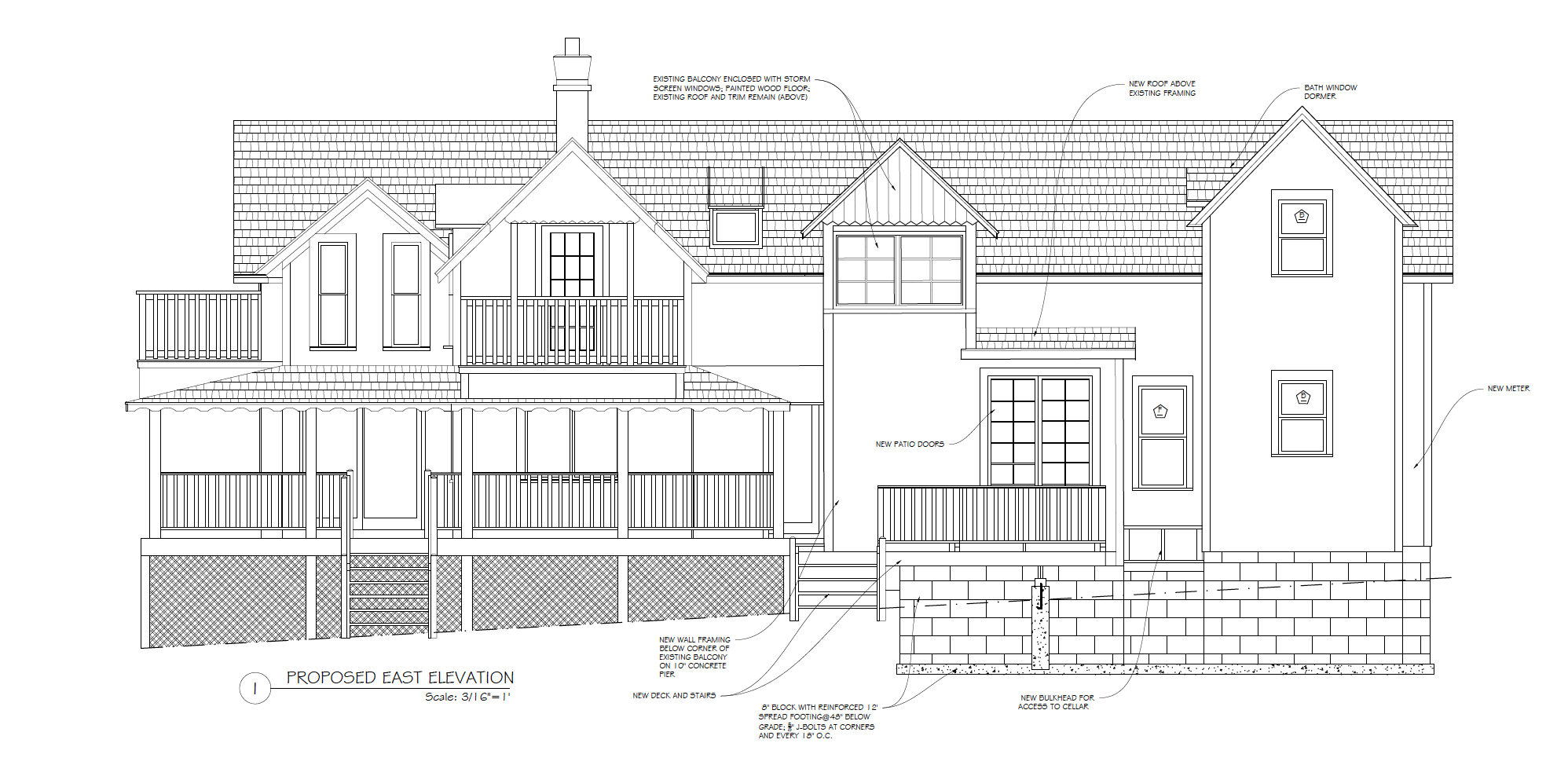 Architectural drawing of a house's east elevation showing detailed notes on construction features, windows, doors, balconies, roofing, and foundation.
