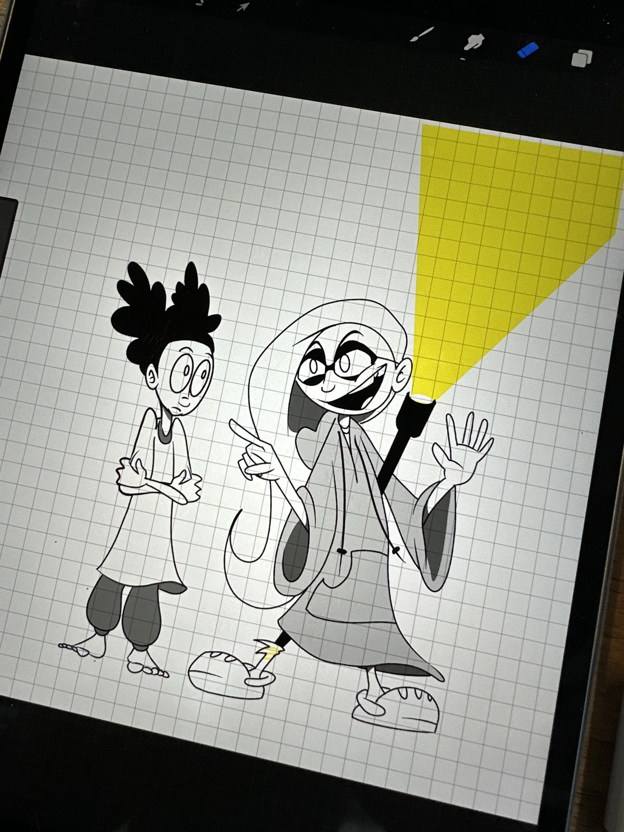 Digital drawing of two cartoon characters on graph paper. One character has spiky hair and a concerned expression, the other character has long hair, glasses, and is smiling while pointing a flashlight upward, illuminating a yellow triangular section of the paper.