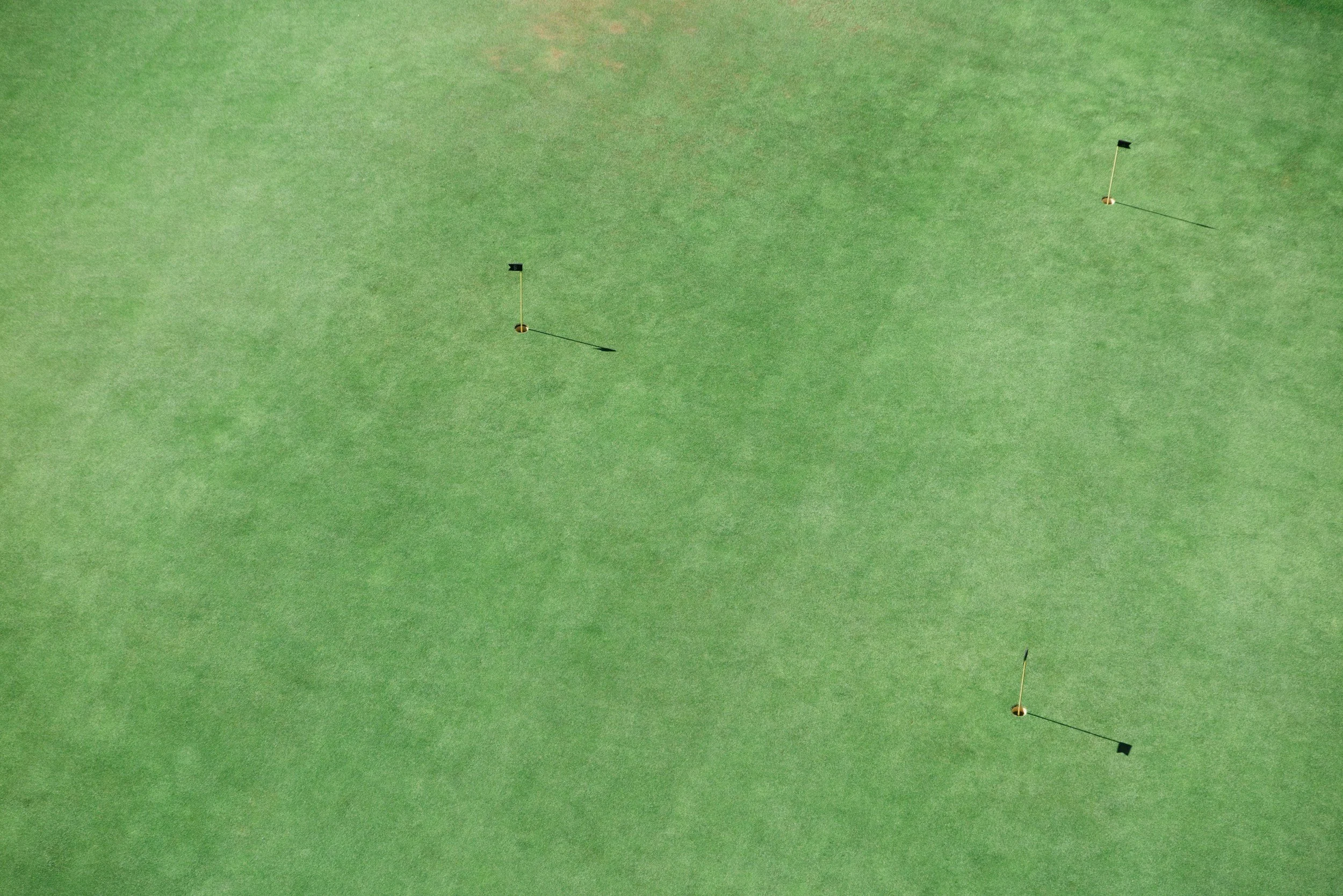 Close-up aerial view of a golf putting green with three flags marking holes.