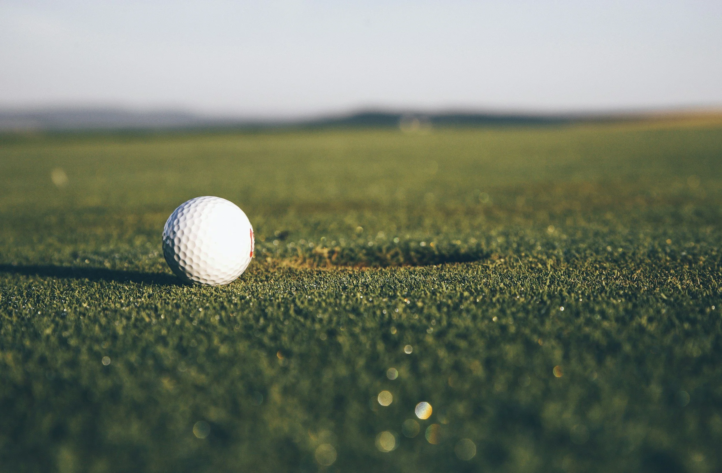 Close-up of a white golf ball resting on a green golf course with a blurred background.