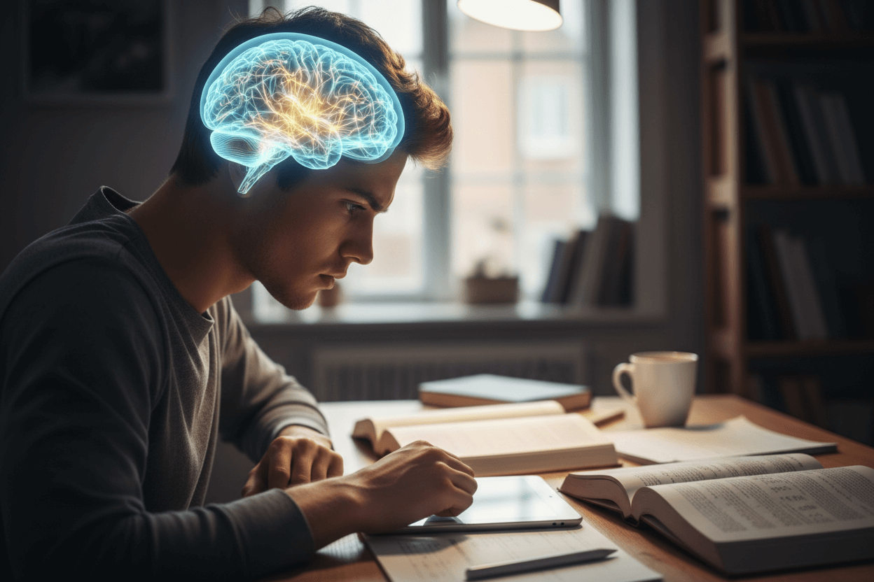 A young man sitting at a wooden desk with open books, a tablet, a notebook, a cup, and a pen in a study room with a bookshelf and a window. An illustration of a glowing brain is overlaid on his head, indicating thinking or focus.