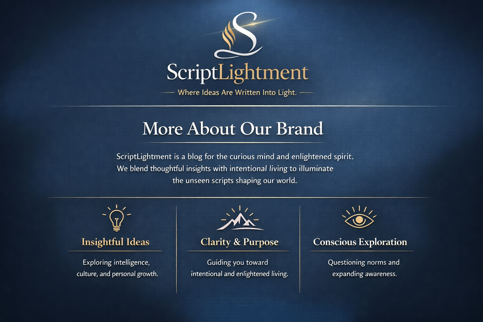 A webpage with a dark blue textured background and a logo at the top featuring a stylized coffee cup with steam. The page features the brand name 'Script Lightment' with a tagline 'Where Ideas Are Written Into Light.' Below, a section titled 'More About Our Brand' describes the blog as a place for curious minds and enlightened spirits, blending insights and intentional living. Three sections at the bottom highlight core values: 'Insightful Ideas' exploring intelligence and growth, 'Clarity & Purpose' guiding intent and enlightenment, and 'Conscious Exploration' questioning norms and expanding awareness, each with an icon.
